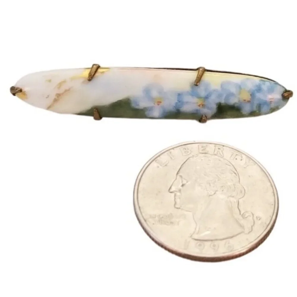 Blue Flower Oval Victorian Style Porcelain Bar Pin Brooch L55